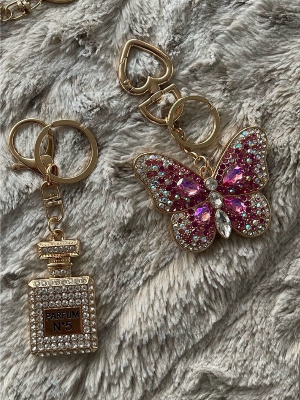 Pink Butterfly & Crystal Perfume Bottle Keychain Set